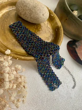 Wide Choker, Navy Blue Seed Bead Choker Collar, Thick Choker Necklace, Lace Choker, Dark Confetti  Choker, Boho Hippie Choker, Sexy choker