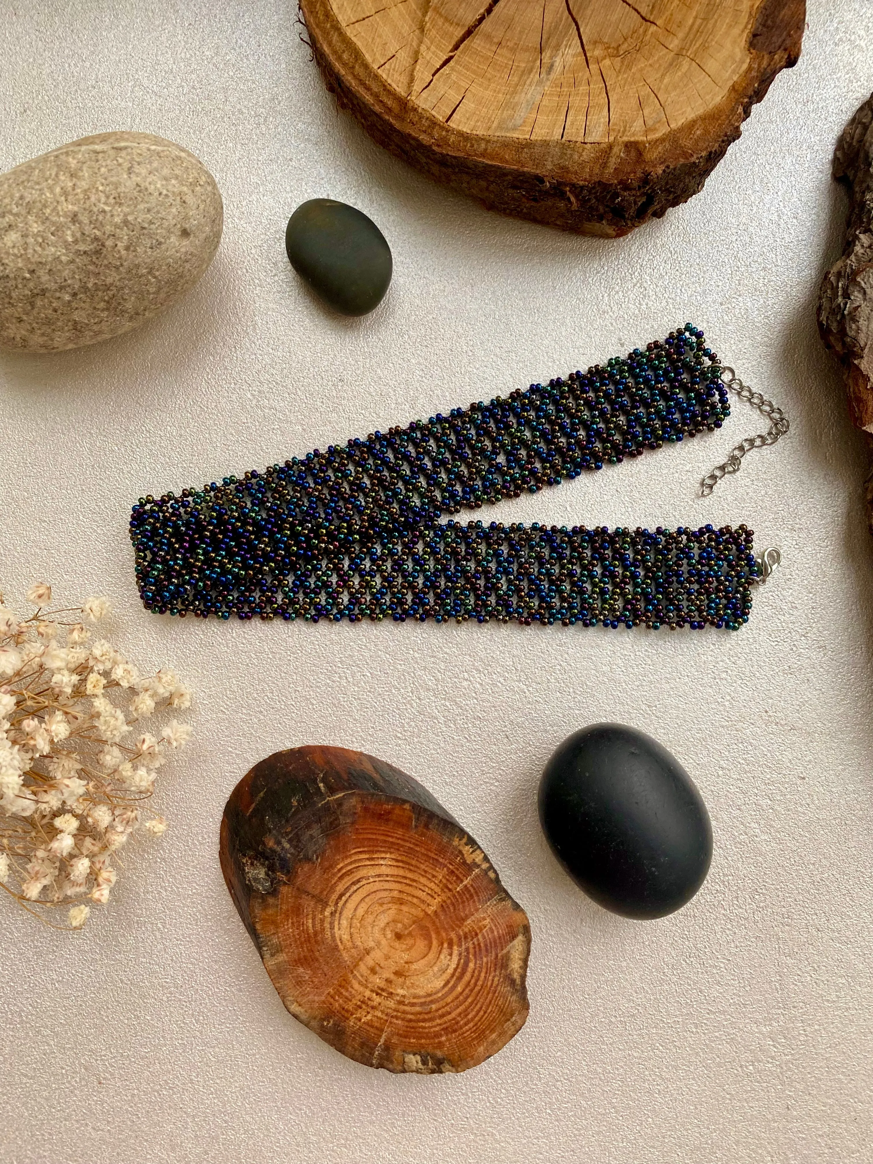 Wide Choker, Navy Blue Seed Bead Choker Collar, Thick Choker Necklace, Lace Choker, Dark Confetti  Choker, Boho Hippie Choker, Sexy choker