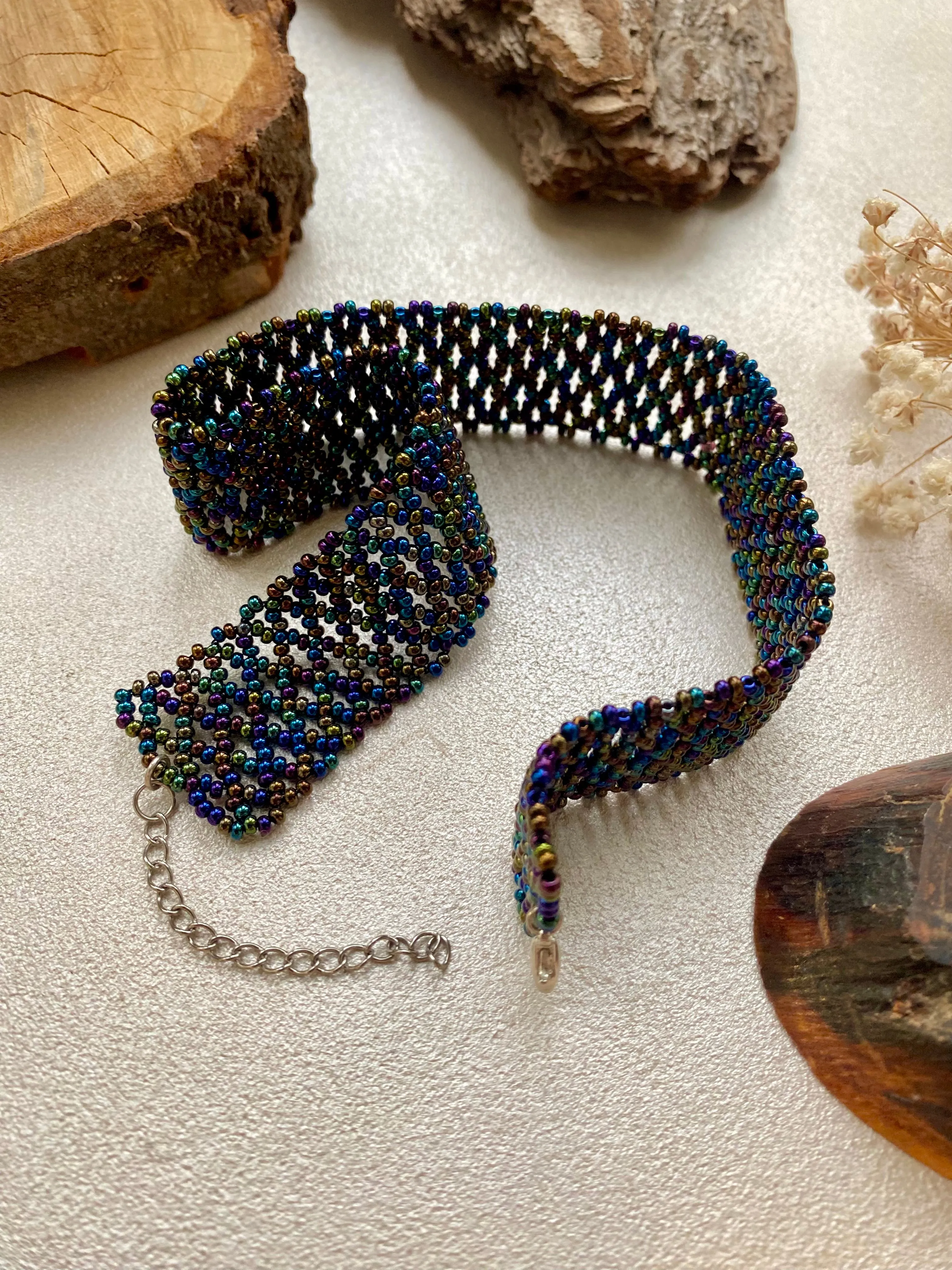 Wide Choker, Navy Blue Seed Bead Choker Collar, Thick Choker Necklace, Lace Choker, Dark Confetti  Choker, Boho Hippie Choker, Sexy choker