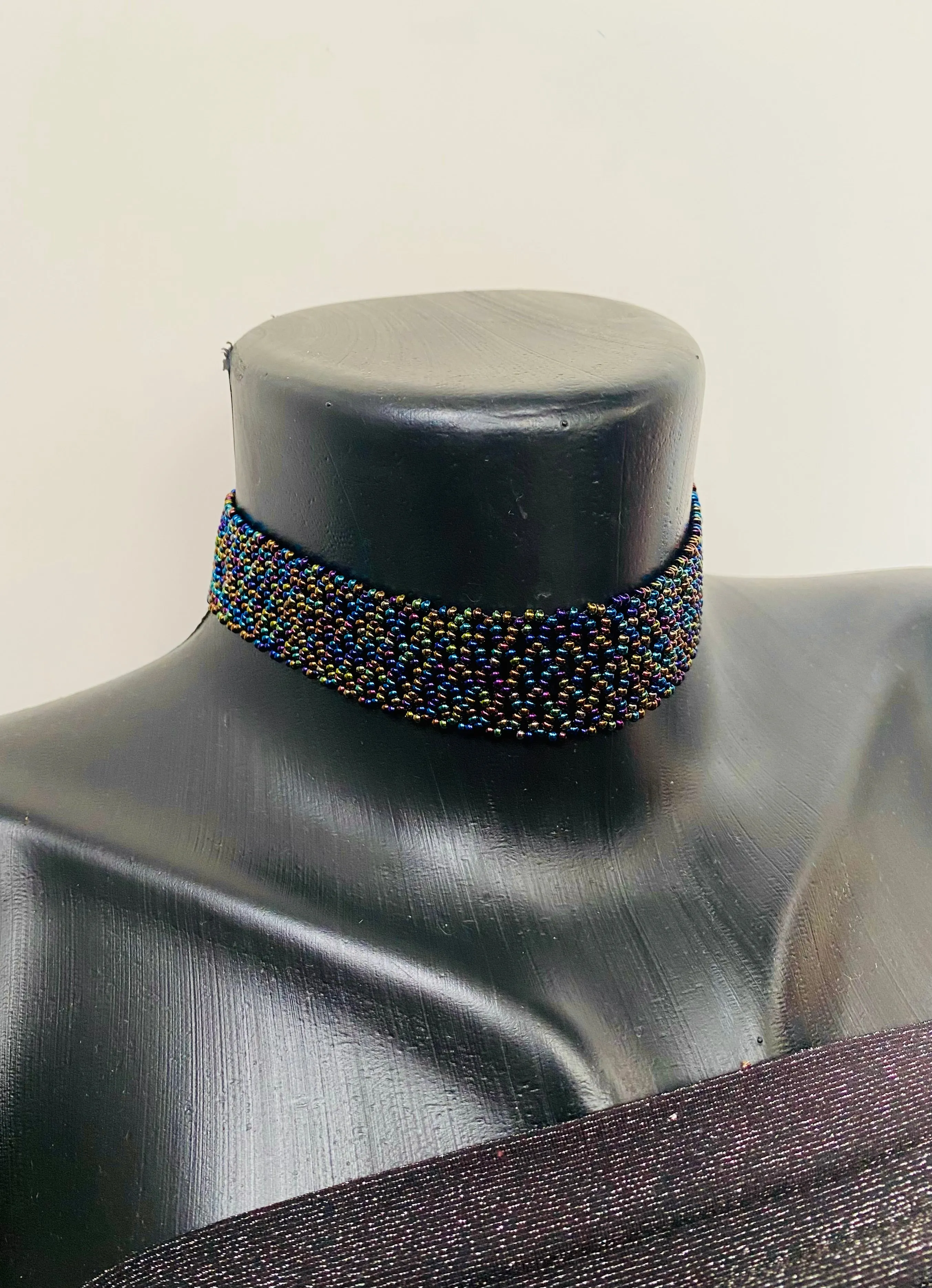 Wide Choker, Navy Blue Seed Bead Choker Collar, Thick Choker Necklace, Lace Choker, Dark Confetti  Choker, Boho Hippie Choker, Sexy choker