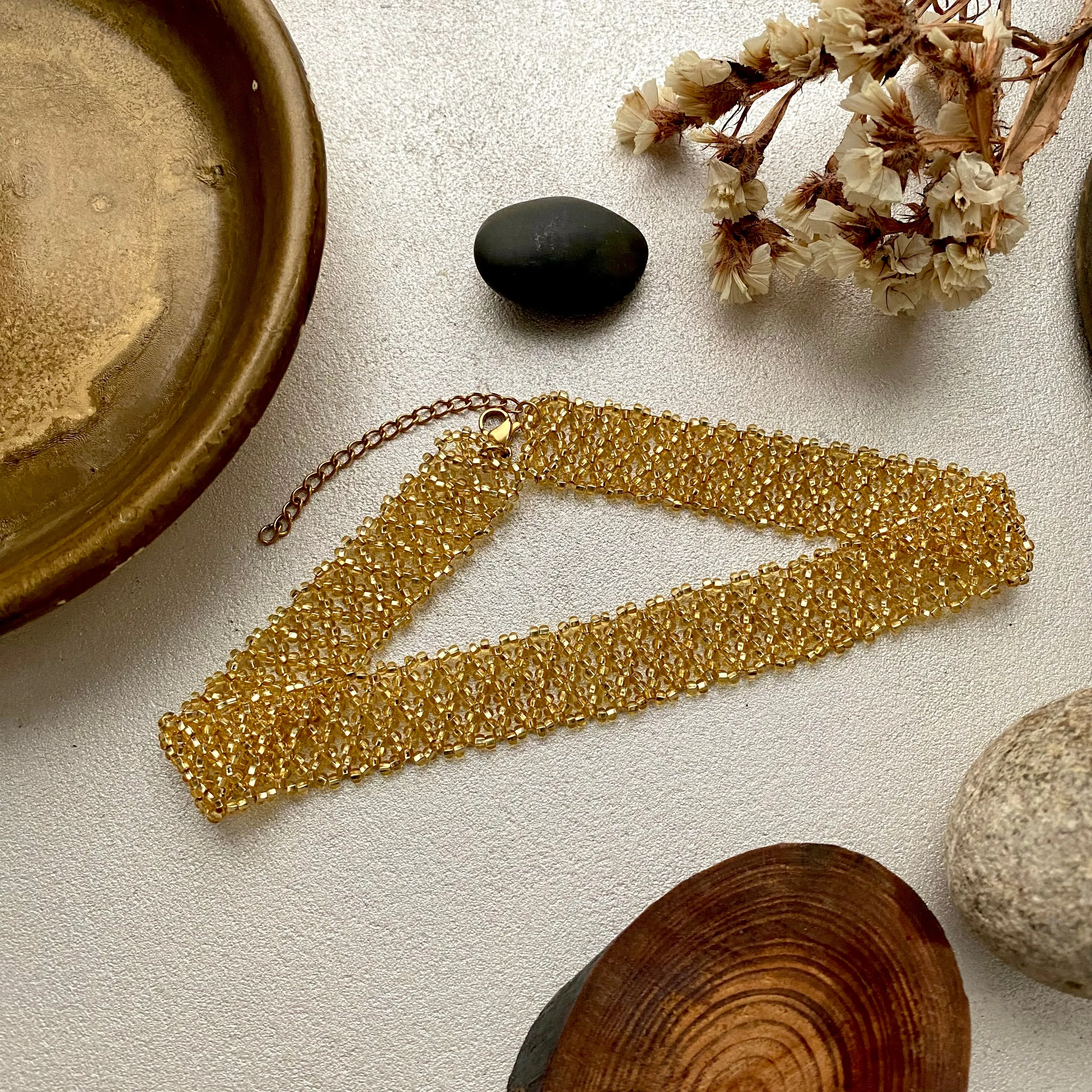 Wide Choker, Shiny Gold Seed Bead Choker Necklace, Sexy choker collar, Bead lace choker, Cool Unique choker, Statement choker