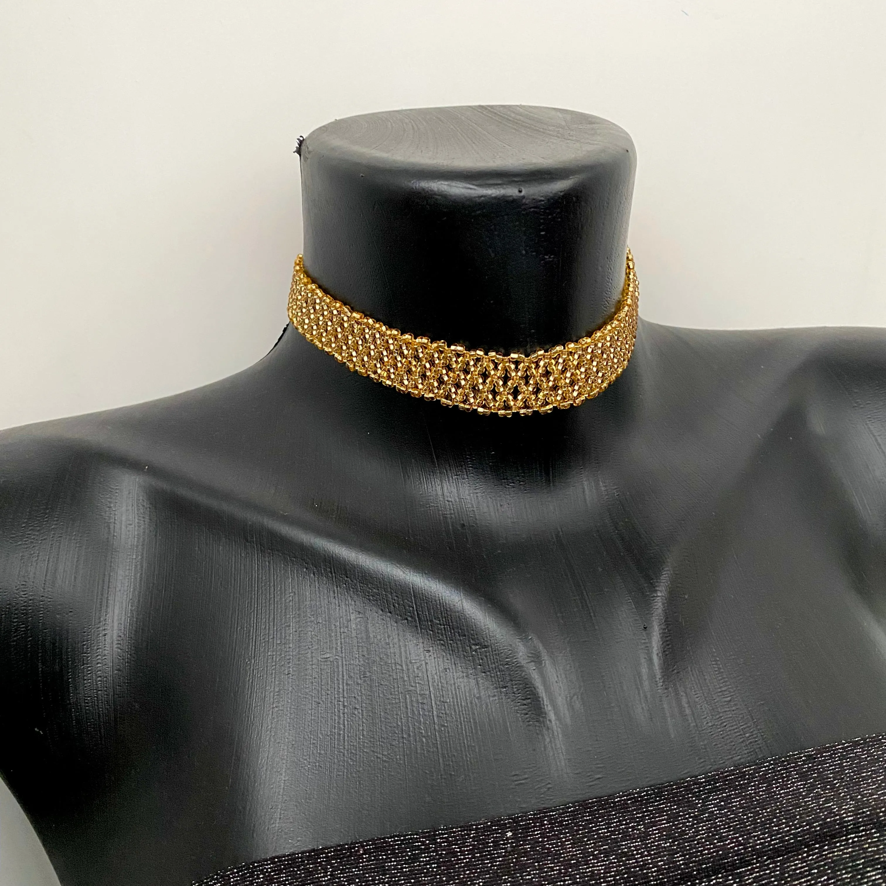 Wide Choker, Shiny Gold Seed Bead Choker Necklace, Sexy choker collar, Bead lace choker, Cool Unique choker, Statement choker