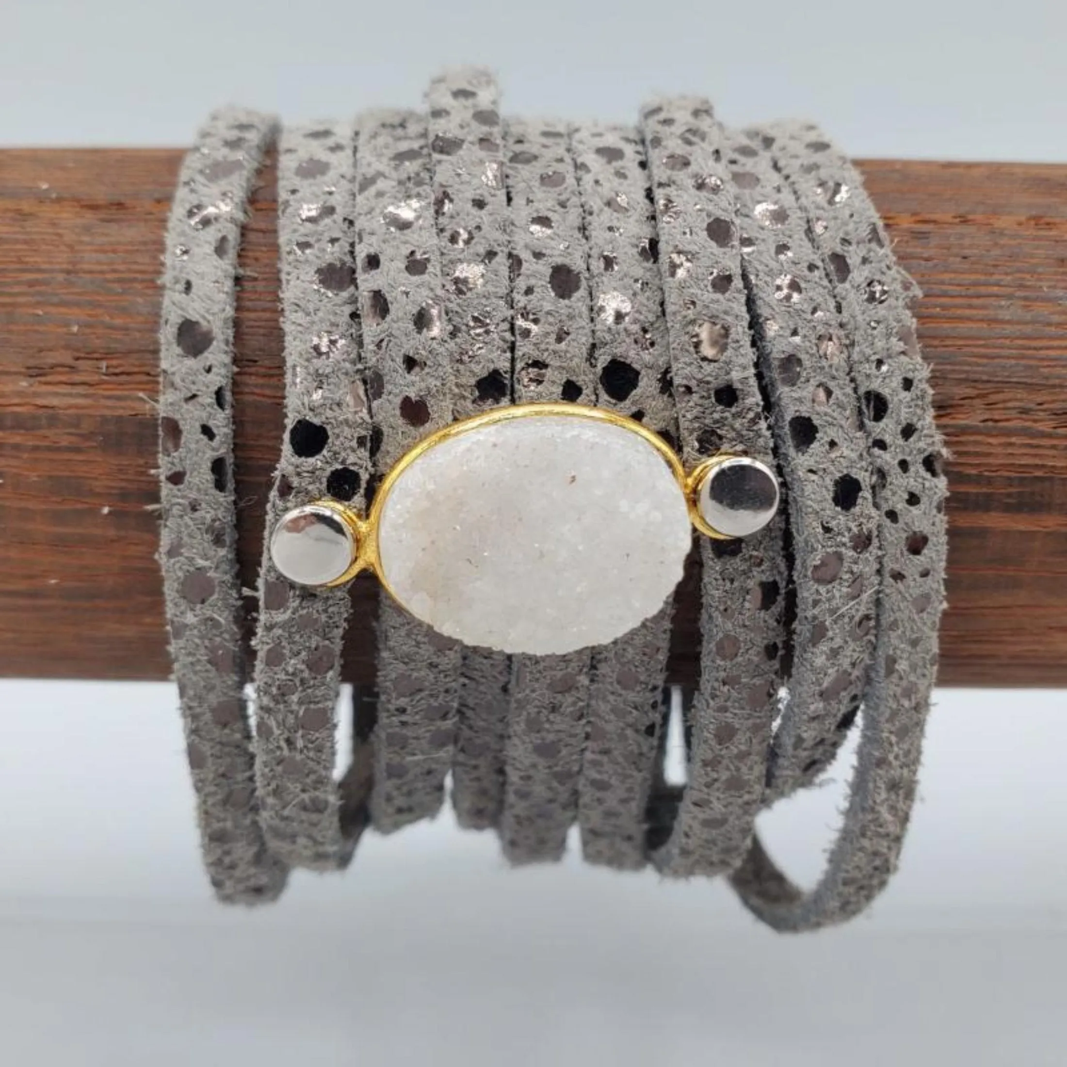 Wide Suede Drusy Quartz Bracelet Women's Jewelry