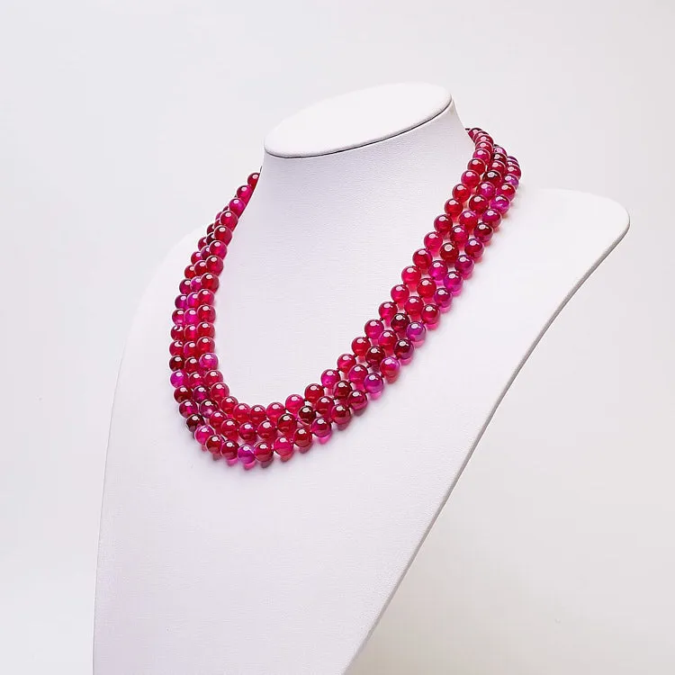 Women's Handmade Gemstone Necklace Three Rows 8mm Lace Pink Agate Beadeds Necklace
