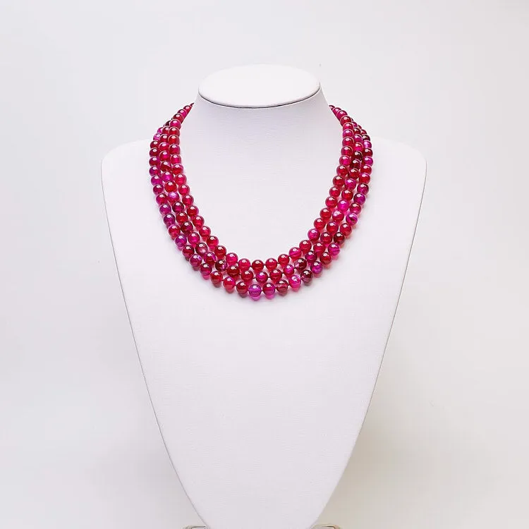 Women's Handmade Gemstone Necklace Three Rows 8mm Lace Pink Agate Beadeds Necklace