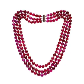 Women's Handmade Gemstone Necklace Three Rows 8mm Lace Pink Agate Beadeds Necklace