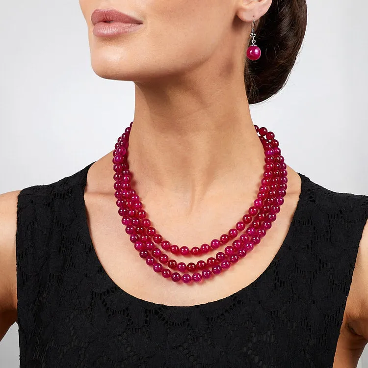 Women's Handmade Gemstone Necklace Three Rows 8mm Lace Pink Agate Beadeds Necklace