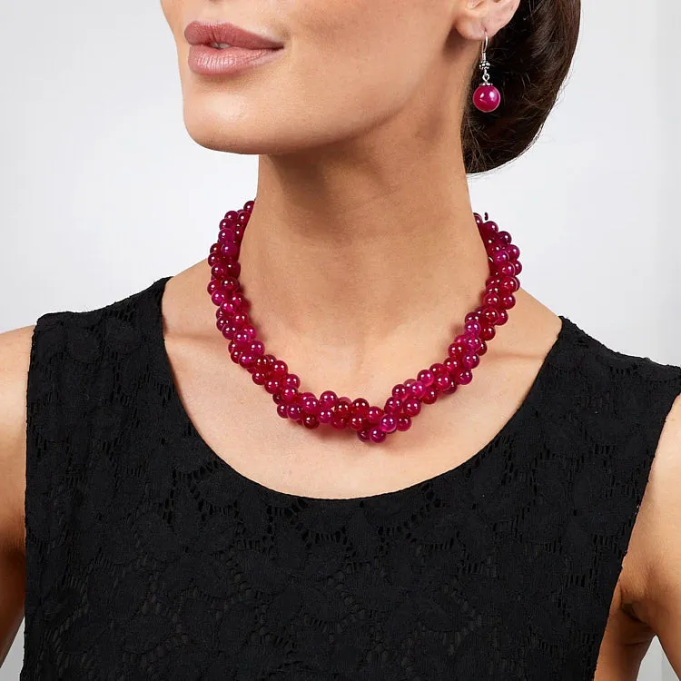 Women's Handmade Gemstone Necklace Three Rows 8mm Lace Pink Agate Beadeds Necklace